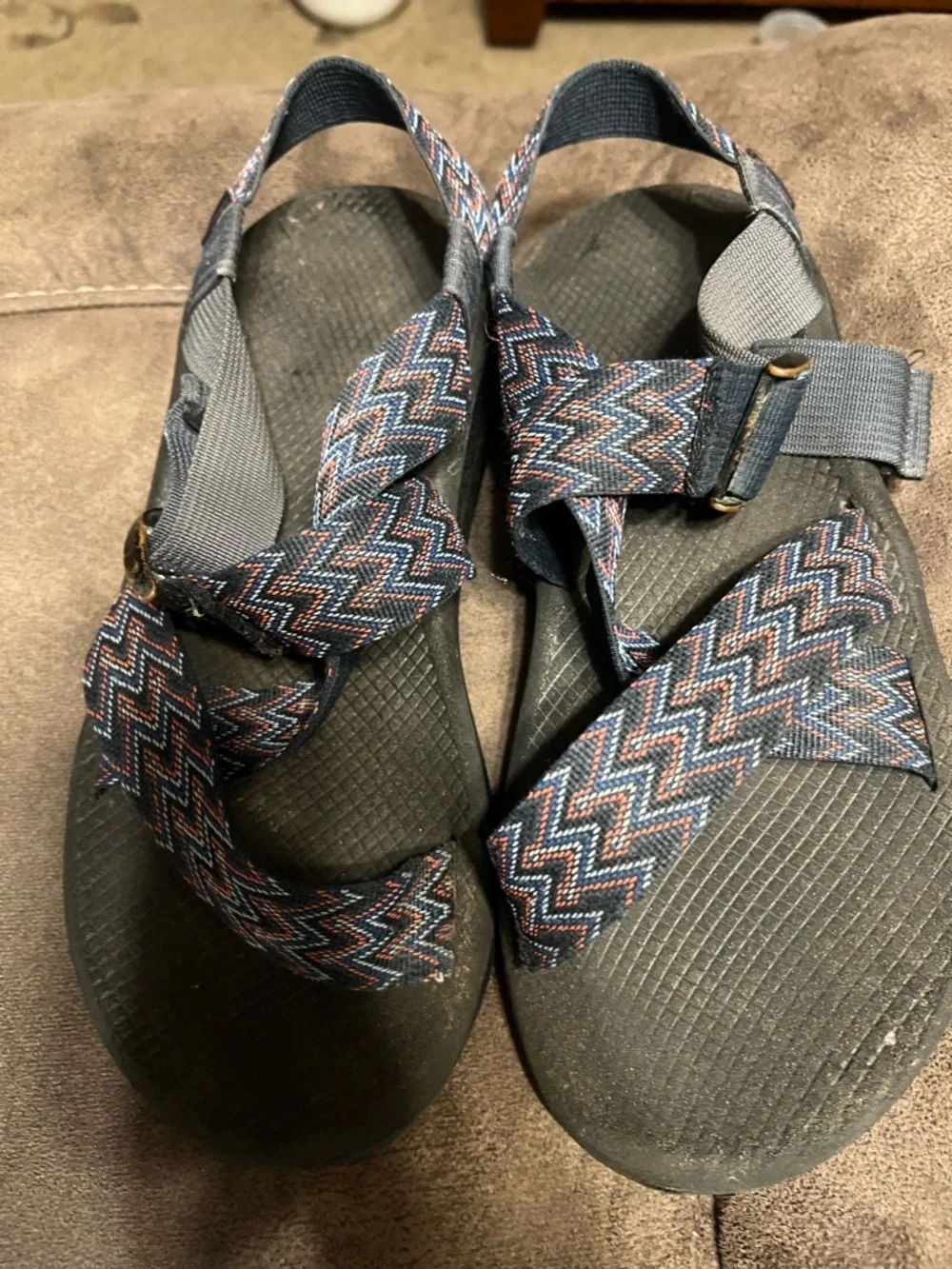 Chaco Men’s Gray Sandals with Blue/Red Zigzag Straps